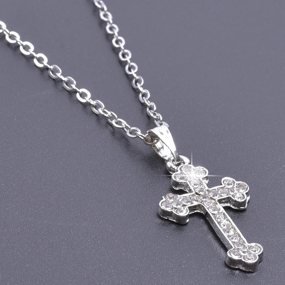 Cross Charm Crystal Pendant Necklace - Rhinestone Christ Crosses Choker