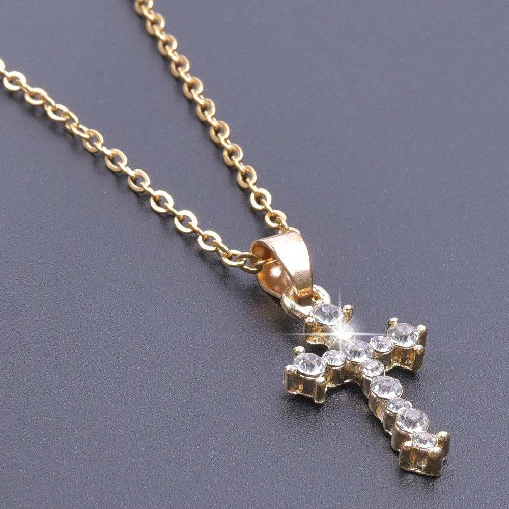 Cross Charm Crystal Pendant Necklace - Rhinestone Christ Crosses Choker