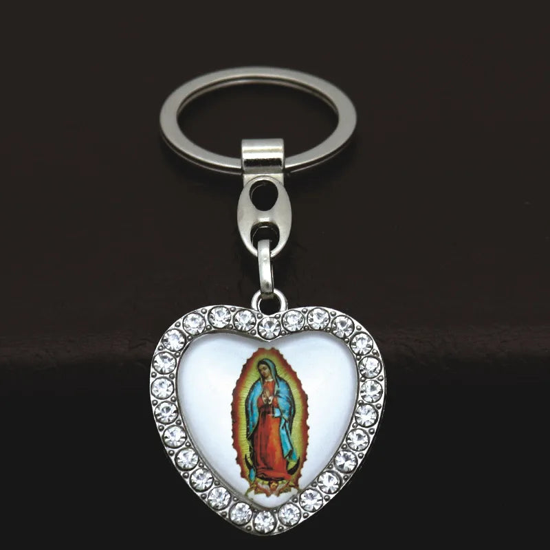 Crystal Heart Cross Jesus Keychain - Rhinestone Crucifix Key Chain
