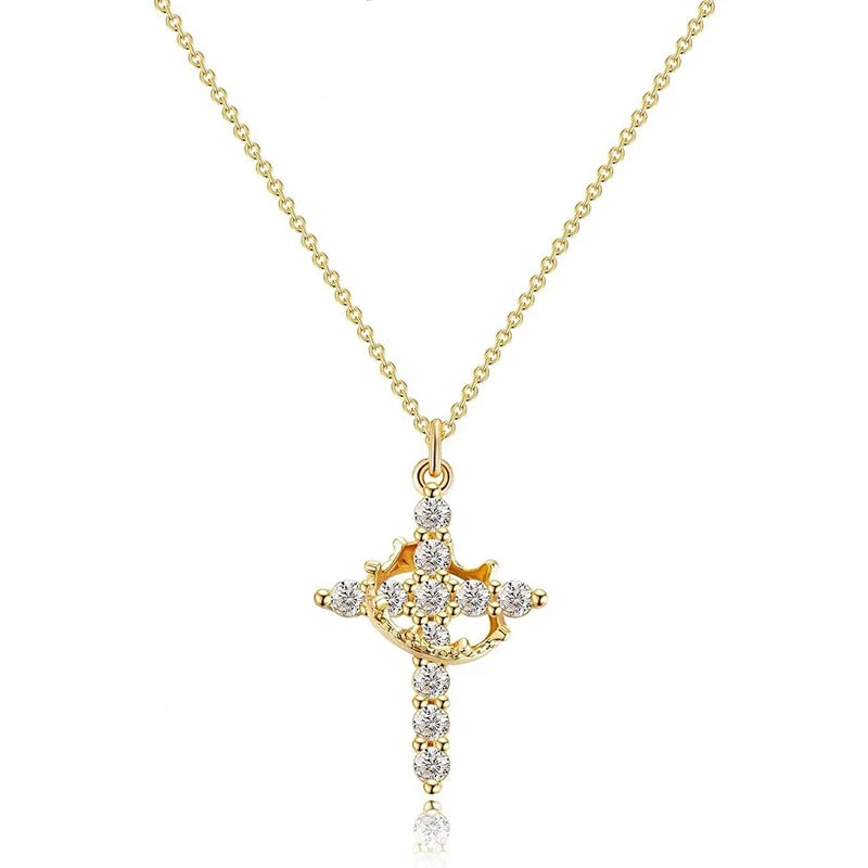 Rotatable Crown Rhinestone Cross Choker Necklace Set - Christian Jewelry Gift
