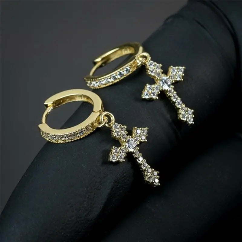 Classic Cross Point-Drill Crystal Earrings - White Hip Hop Party Jewelry