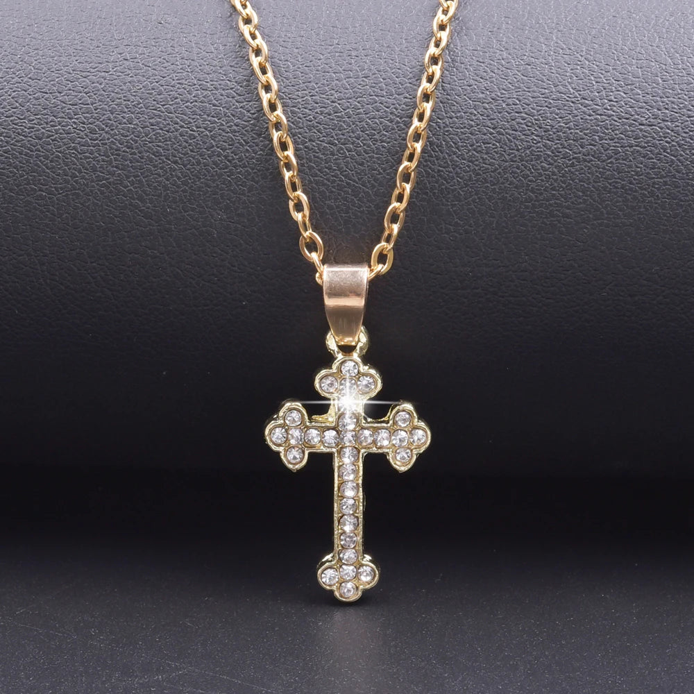 Cross Charm Crystal Pendant Necklace - Rhinestone Christ Crosses Choker