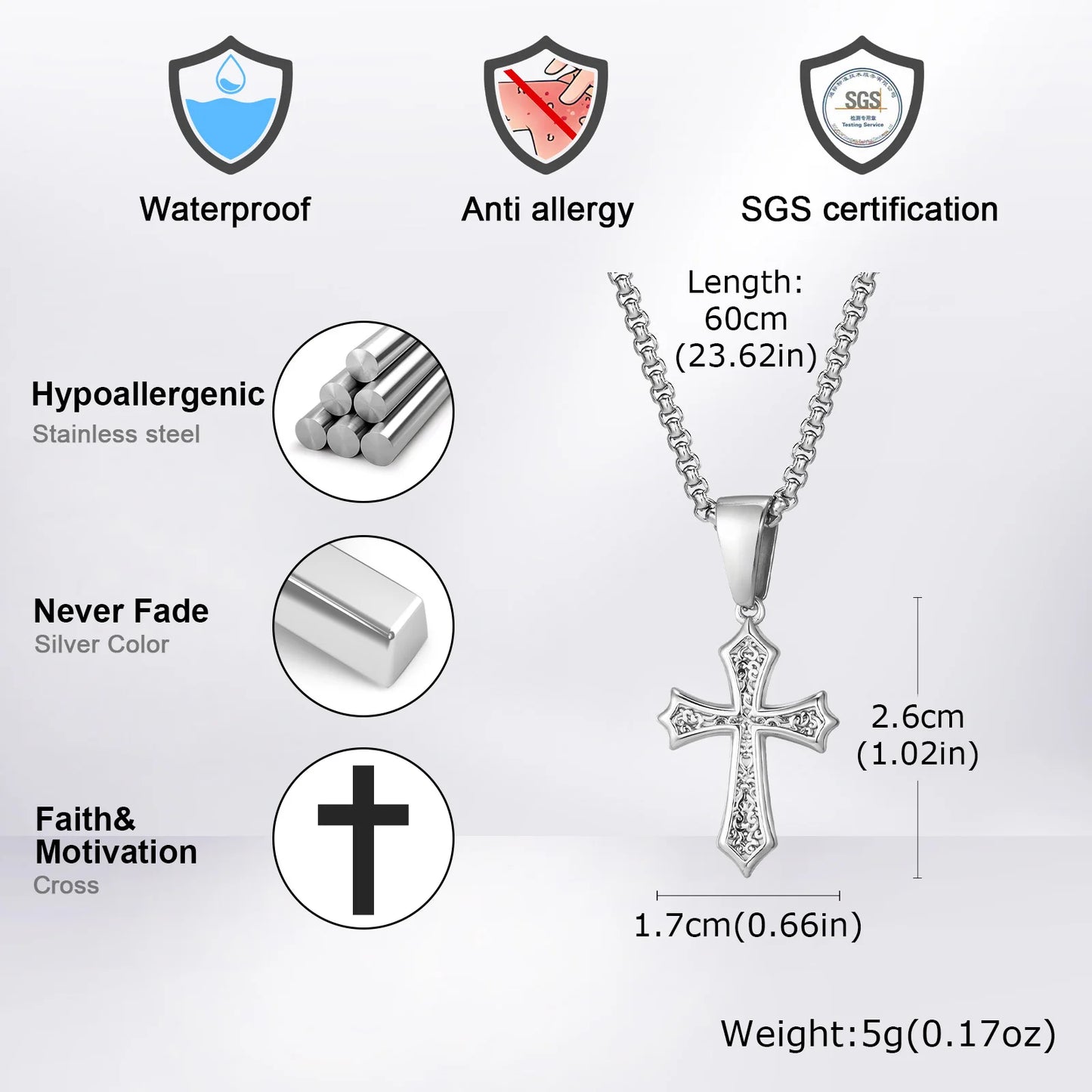 Hip Hop Cross Necklace - 50/55/60cm Stainless Steel Chic Cross Pendant