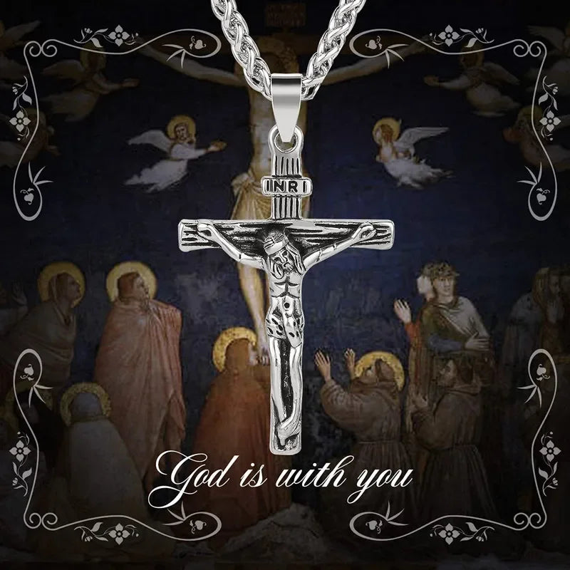 Religious Jesus Cross Necklace - Gold Color Pendant Chain Jewelry for Men and Women
