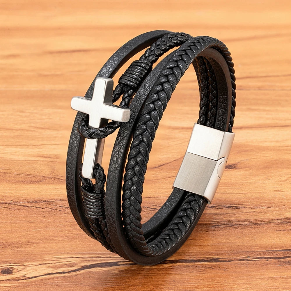 Men's Cross Leather Bracelet - Stainless Steel Magnetic Clasp
