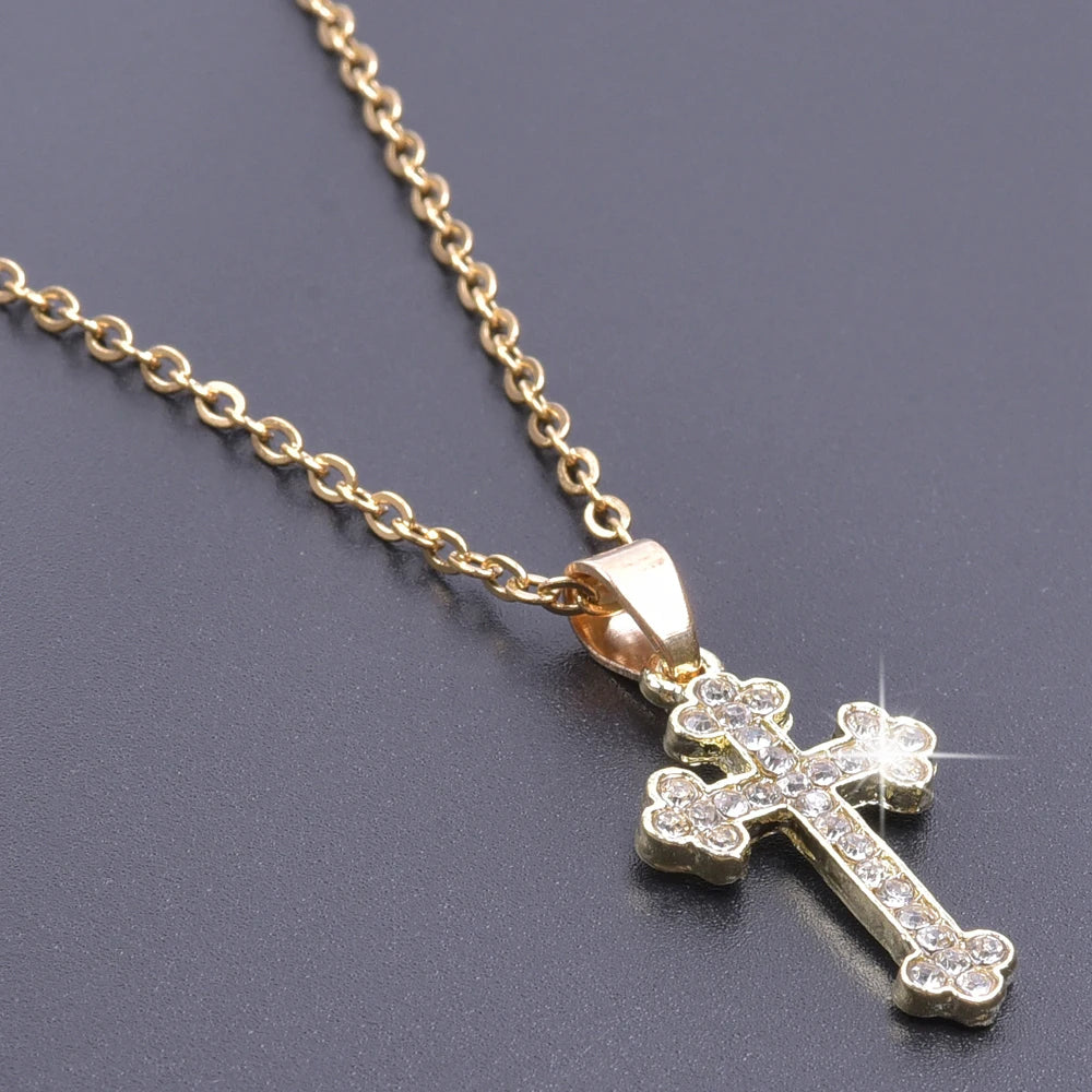 Cross Charm Crystal Pendant Necklace - Rhinestone Christ Crosses Choker