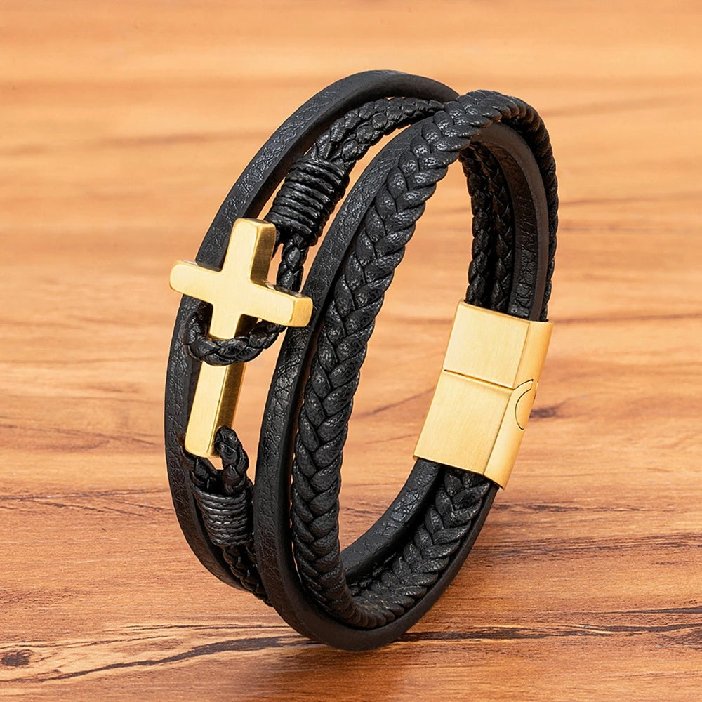 Men's Cross Leather Bracelet - Stainless Steel Magnetic Clasp