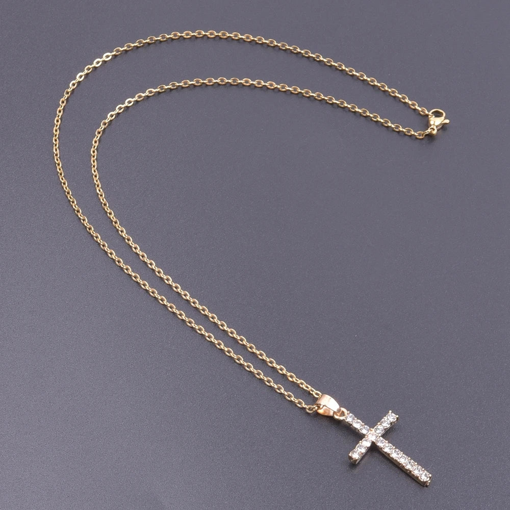 Cross Charm Crystal Pendant Necklace - Rhinestone Christ Crosses Choker