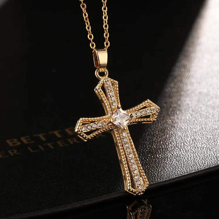 Premium Zircon Cross Pendant Necklace - Stainless Steel Jewelry for Men & Women