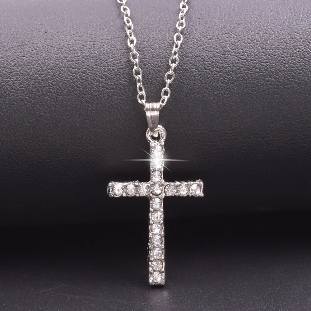 Cross Charm Crystal Pendant Necklace - Rhinestone Christ Crosses Choker