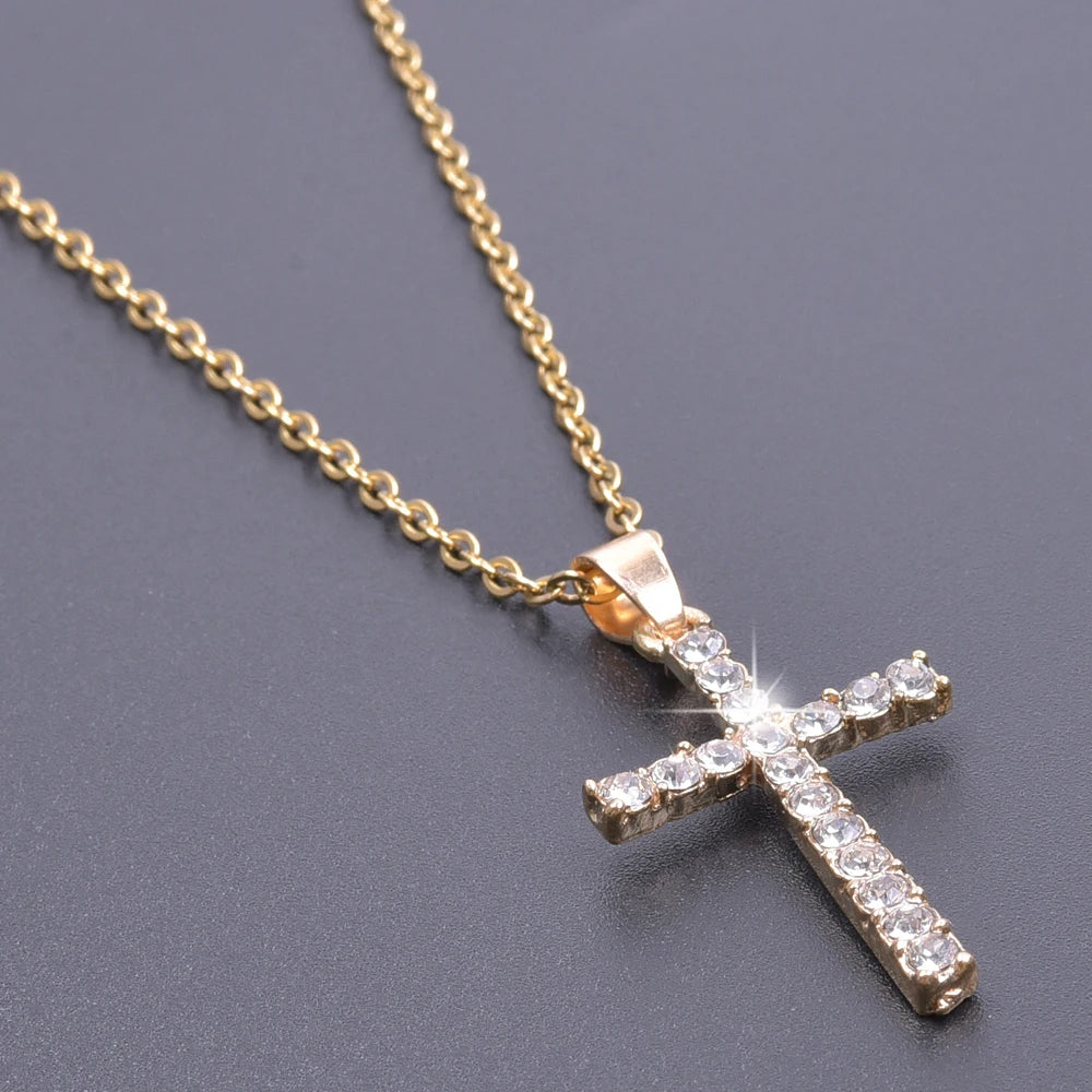 Cross Charm Crystal Pendant Necklace - Rhinestone Christ Crosses Choker