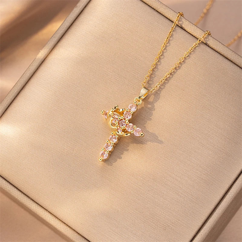 Rotatable Crown Rhinestone Cross Choker Necklace Set - Christian Jewelry Gift