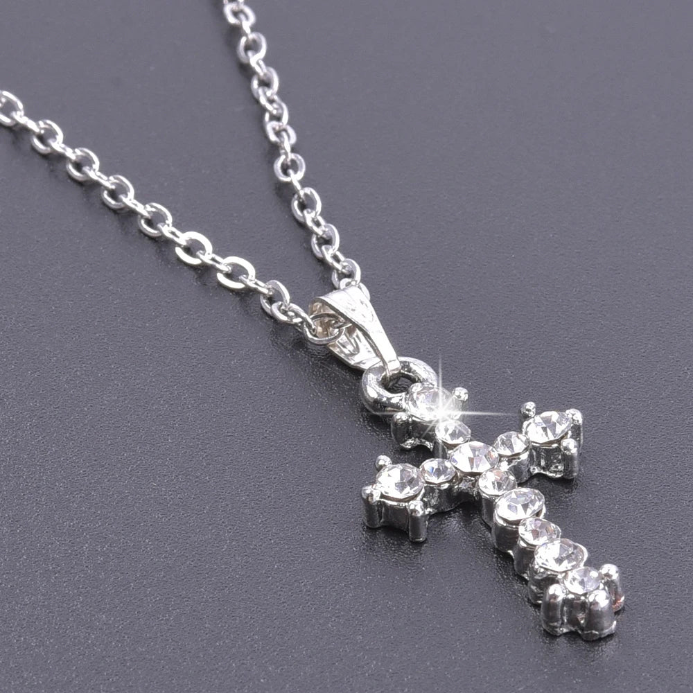 Cross Charm Crystal Pendant Necklace - Rhinestone Christ Crosses Choker