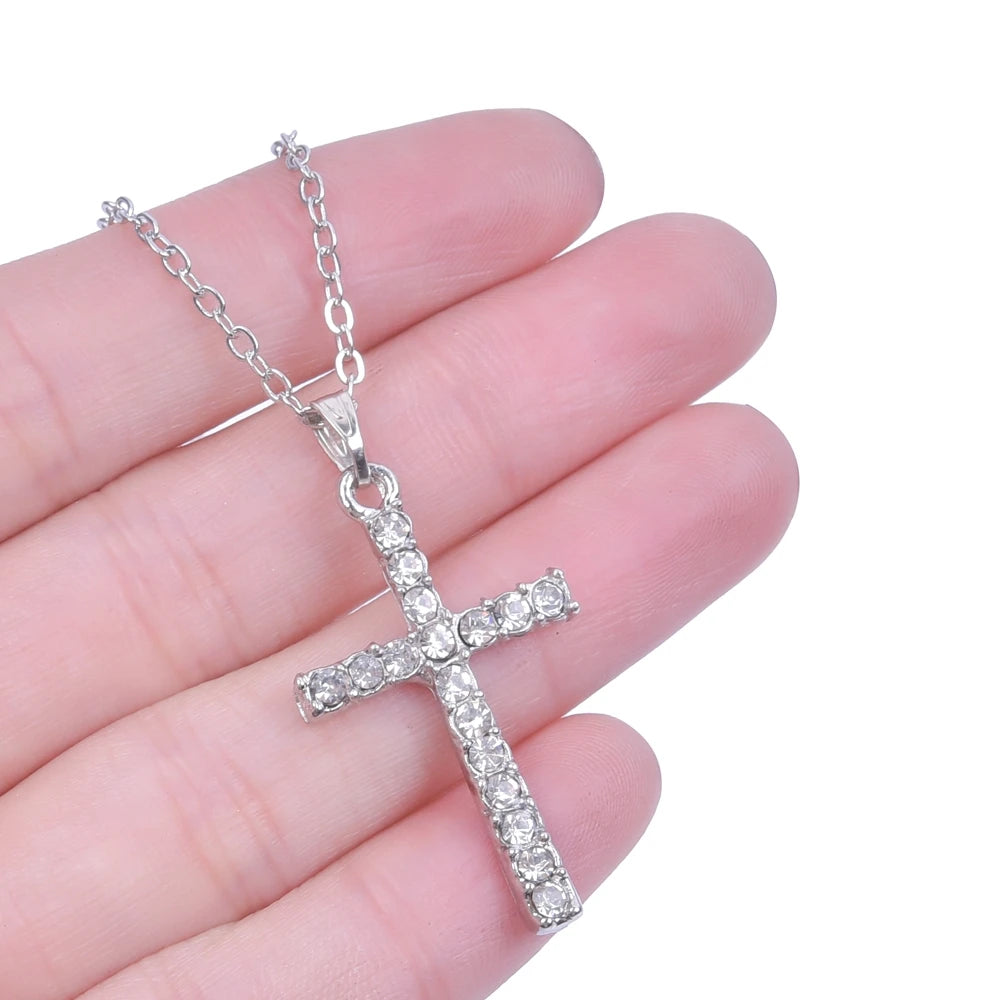 Cross Charm Crystal Pendant Necklace - Rhinestone Christ Crosses Choker