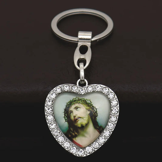 Crystal Heart Cross Jesus Keychain - Rhinestone Crucifix Key Chain