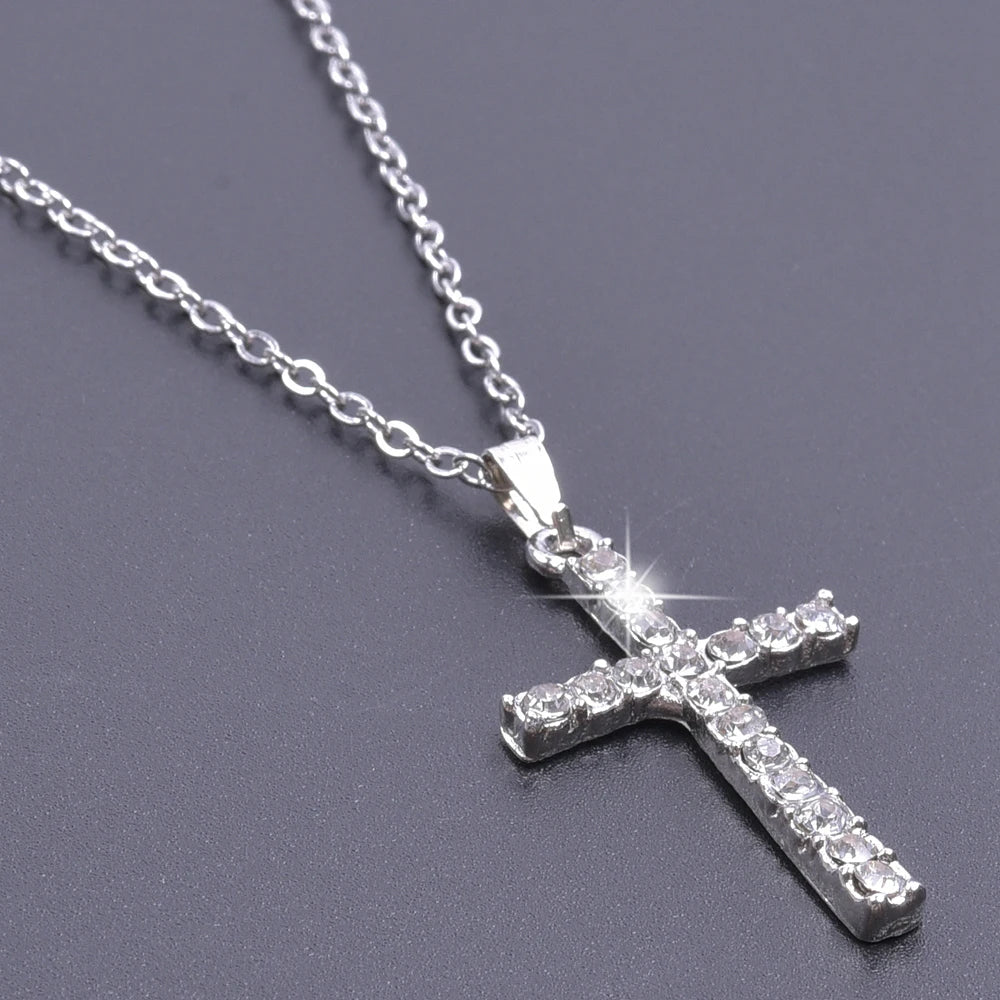 Cross Charm Crystal Pendant Necklace - Rhinestone Christ Crosses Choker