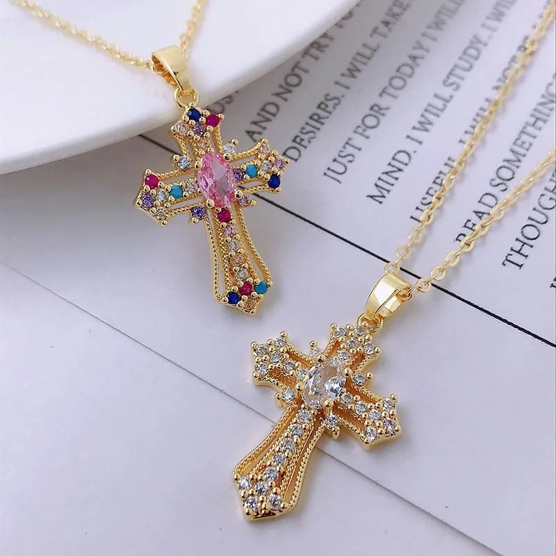 Premium Zircon Cross Pendant Necklace - Stainless Steel Jewelry for Men & Women