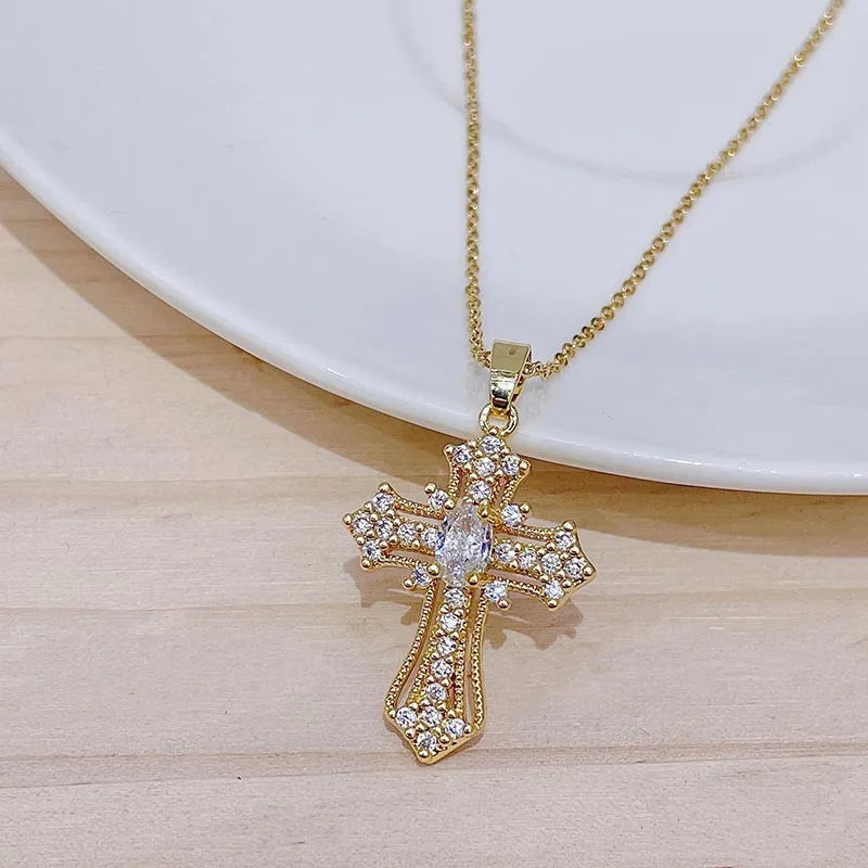 Premium Zircon Cross Pendant Necklace - Stainless Steel Jewelry for Men & Women