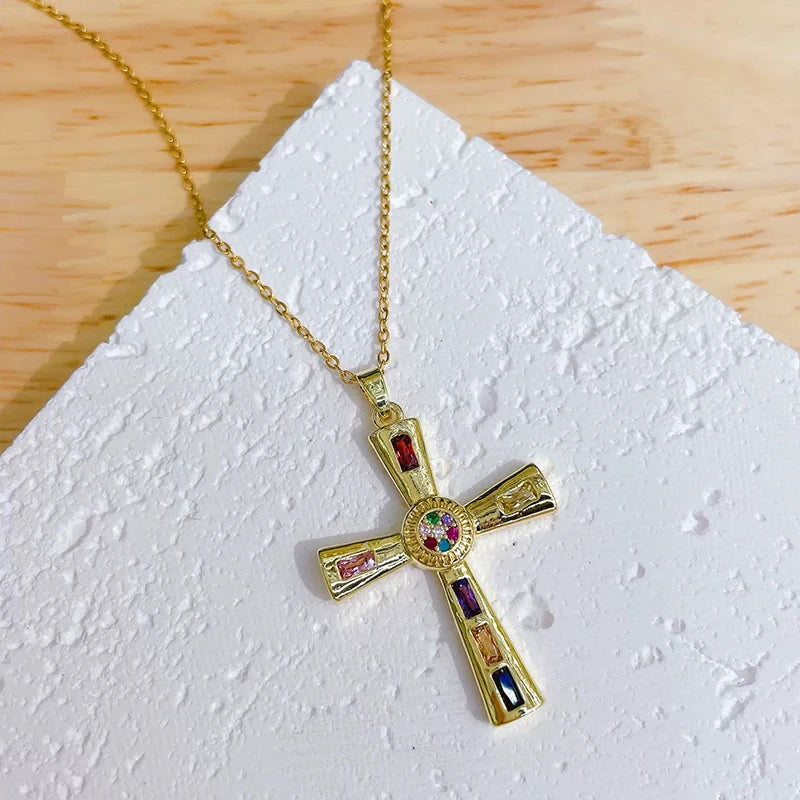 Premium Zircon Cross Pendant Necklace - Stainless Steel Jewelry for Men & Women