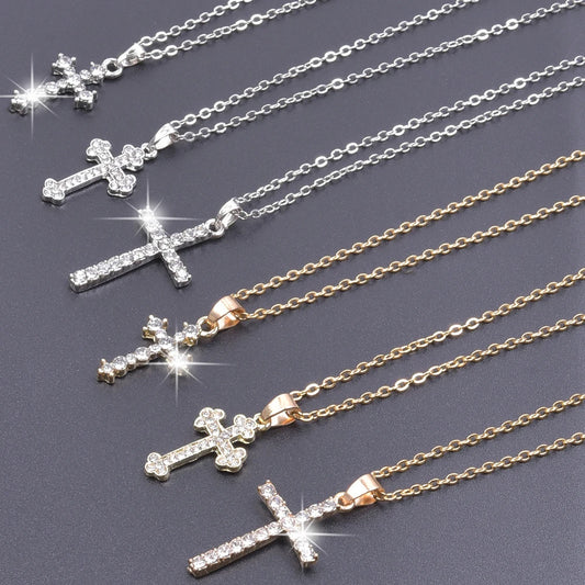Cross Charm Crystal Pendant Necklace - Rhinestone Christ Crosses Choker