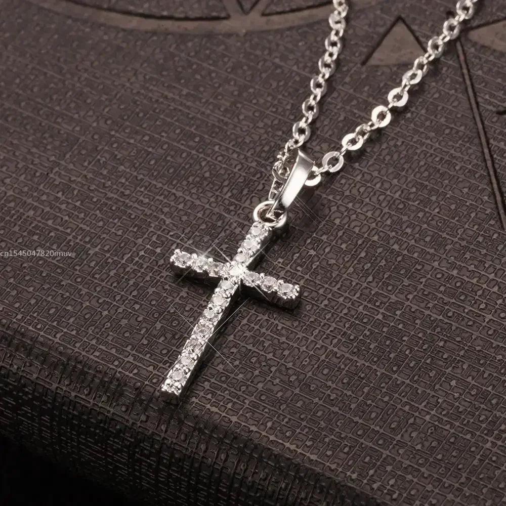 Luxury Zircon Cross Pendant Necklace - Golden Silver Jewelry for Men Women