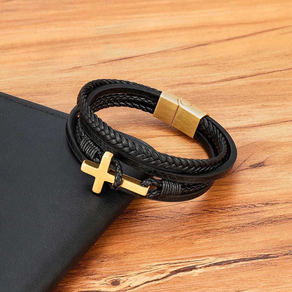 Men's Cross Leather Bracelet - Stainless Steel Magnetic Clasp