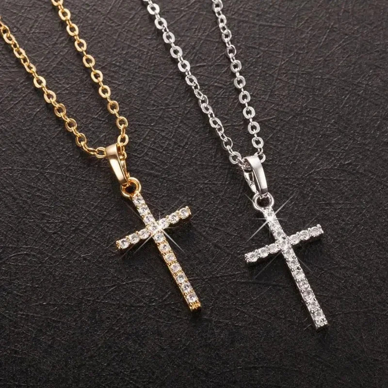 Luxury Zircon Cross Pendant Necklace - Golden Silver Jewelry for Men Women