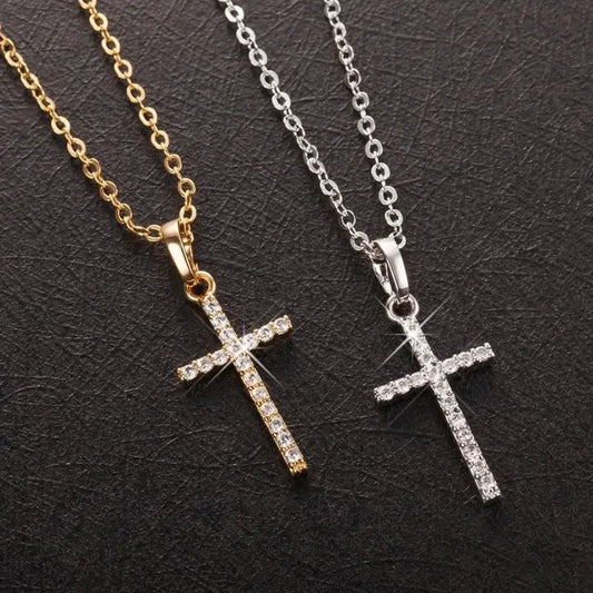 Luxury Zircon Cross Pendant Necklace - Golden Silver Jewelry for Men Women