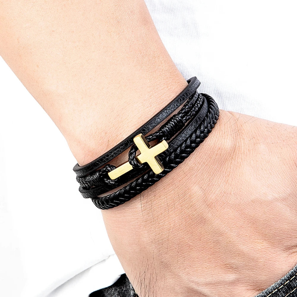 Men's Cross Leather Bracelet - Stainless Steel Magnetic Clasp