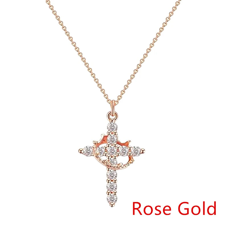 Rotatable Crown Rhinestone Cross Choker Necklace Set - Christian Jewelry Gift