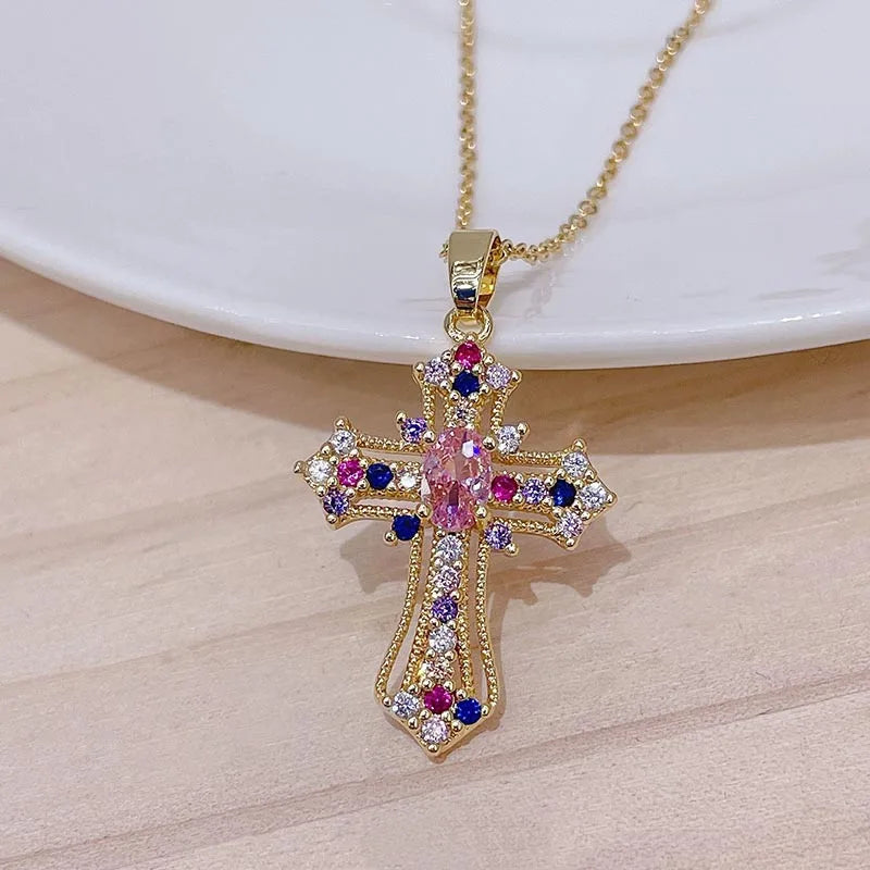 Premium Zircon Cross Pendant Necklace - Stainless Steel Jewelry for Men & Women