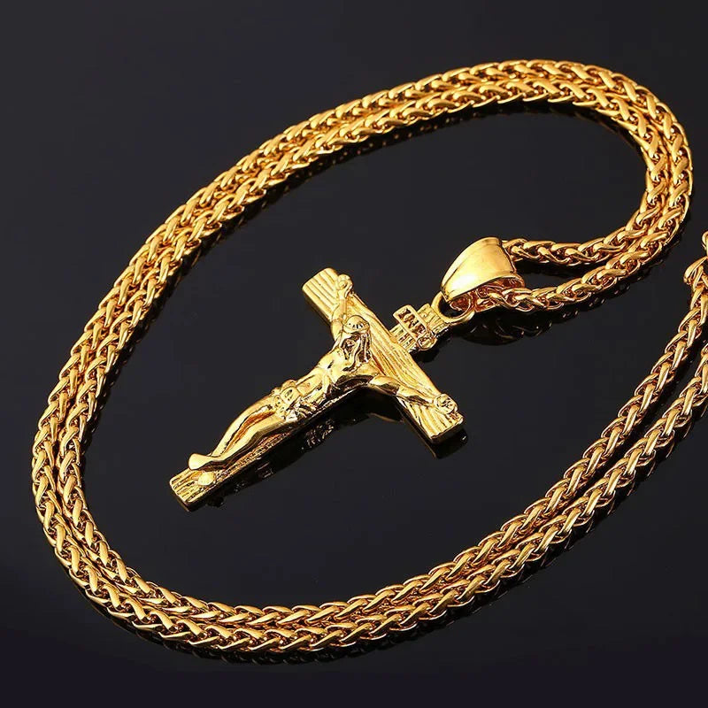 Religious Jesus Cross Necklace - Gold Color Pendant Chain Jewelry for Men and Women