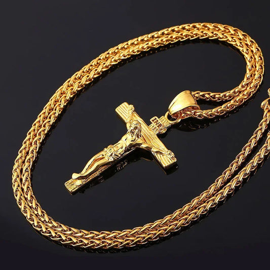 Religious Jesus Cross Necklace - Gold Color Pendant Chain Jewelry for Men and Women