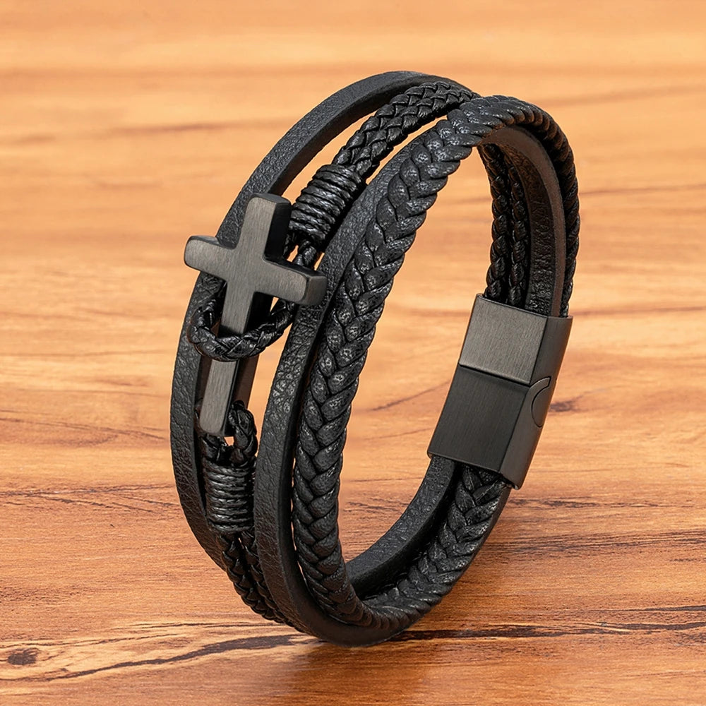 Men's Cross Leather Bracelet - Stainless Steel Magnetic Clasp
