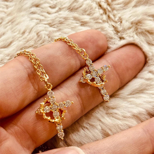 Rotatable Crown Rhinestone Cross Choker Necklace Set - Christian Jewelry Gift