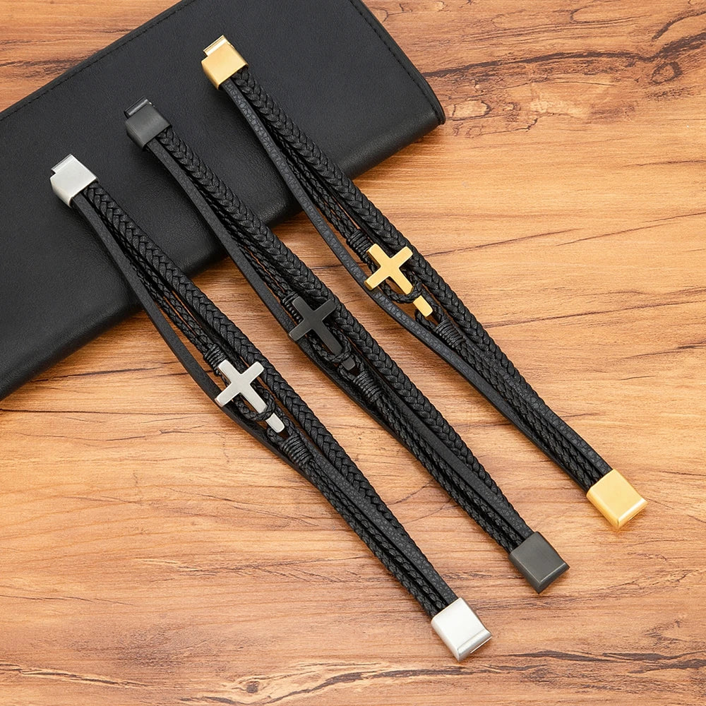 Men's Cross Leather Bracelet - Stainless Steel Magnetic Clasp