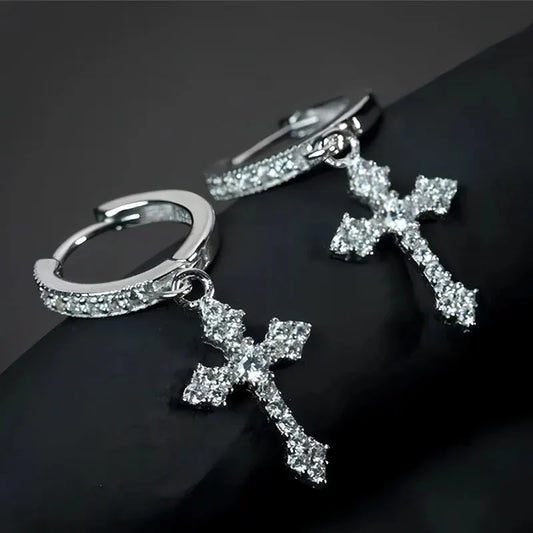 Classic Cross Point-Drill Crystal Earrings - White Hip Hop Party Jewelry