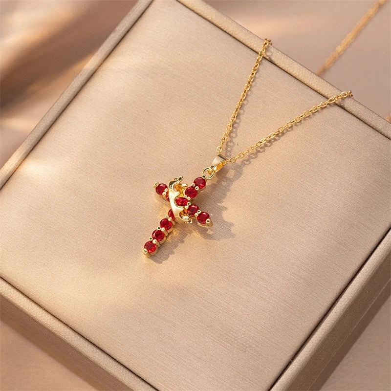 Rotatable Crown Rhinestone Cross Choker Necklace Set - Christian Jewelry Gift