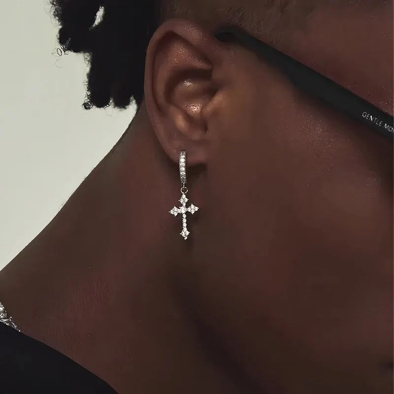 Classic Cross Point-Drill Crystal Earrings - White Hip Hop Party Jewelry