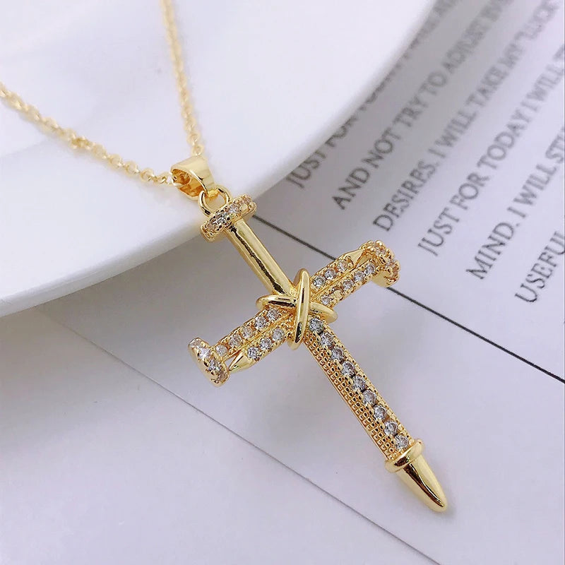 Premium Zircon Cross Pendant Necklace - Stainless Steel Jewelry for Men & Women