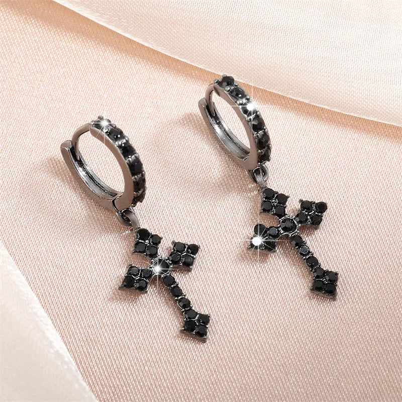 Classic Cross Point-Drill Crystal Earrings - White Hip Hop Party Jewelry