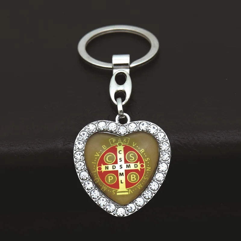 Crystal Heart Cross Jesus Keychain - Rhinestone Crucifix Key Chain