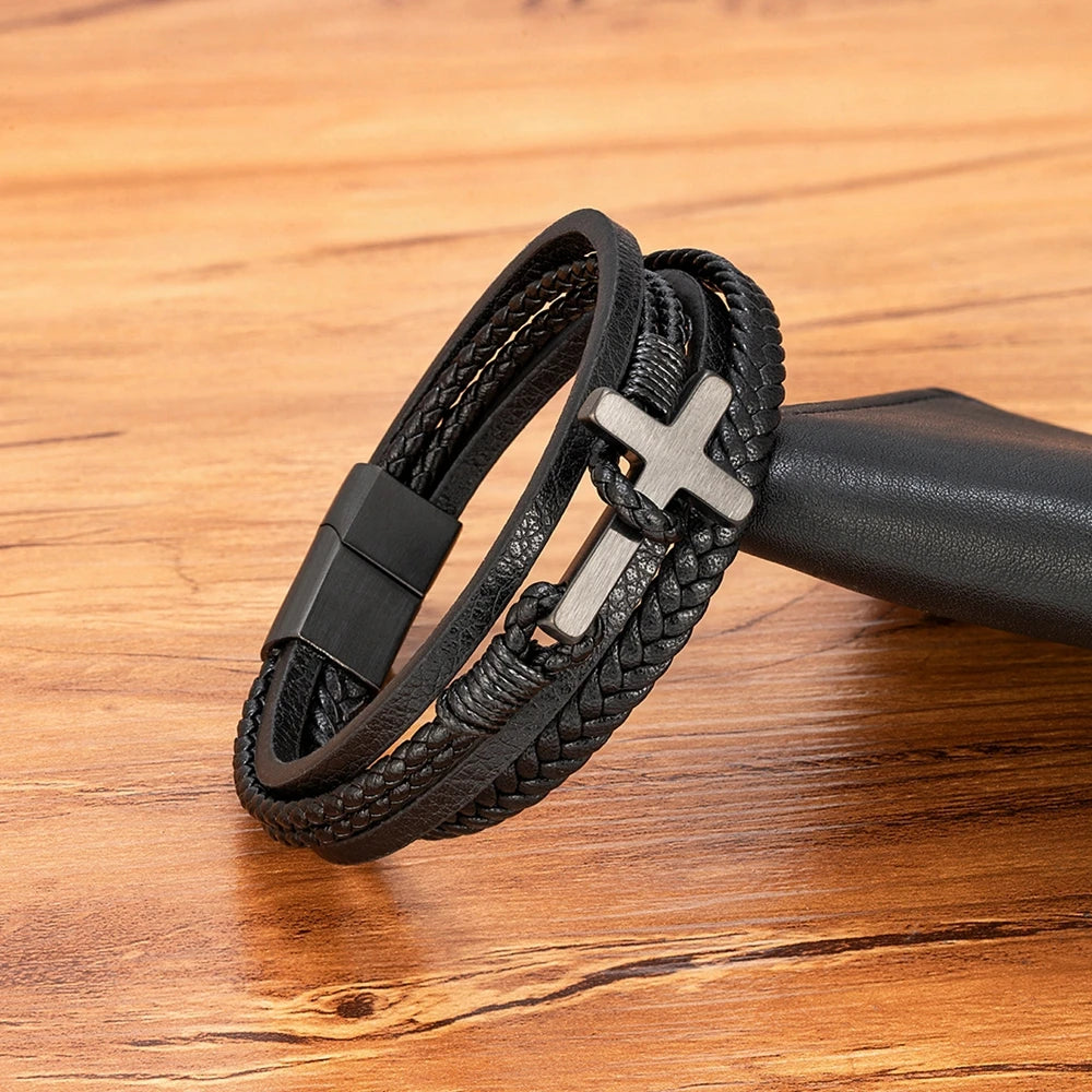 Men's Cross Leather Bracelet - Stainless Steel Magnetic Clasp
