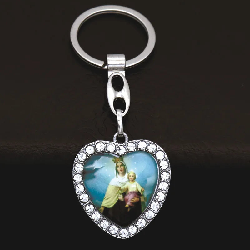 Crystal Heart Cross Jesus Keychain - Rhinestone Crucifix Key Chain
