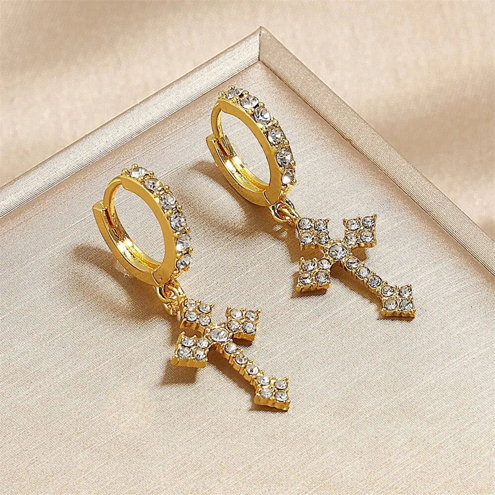 Classic Cross Point-Drill Crystal Earrings - White Hip Hop Party Jewelry