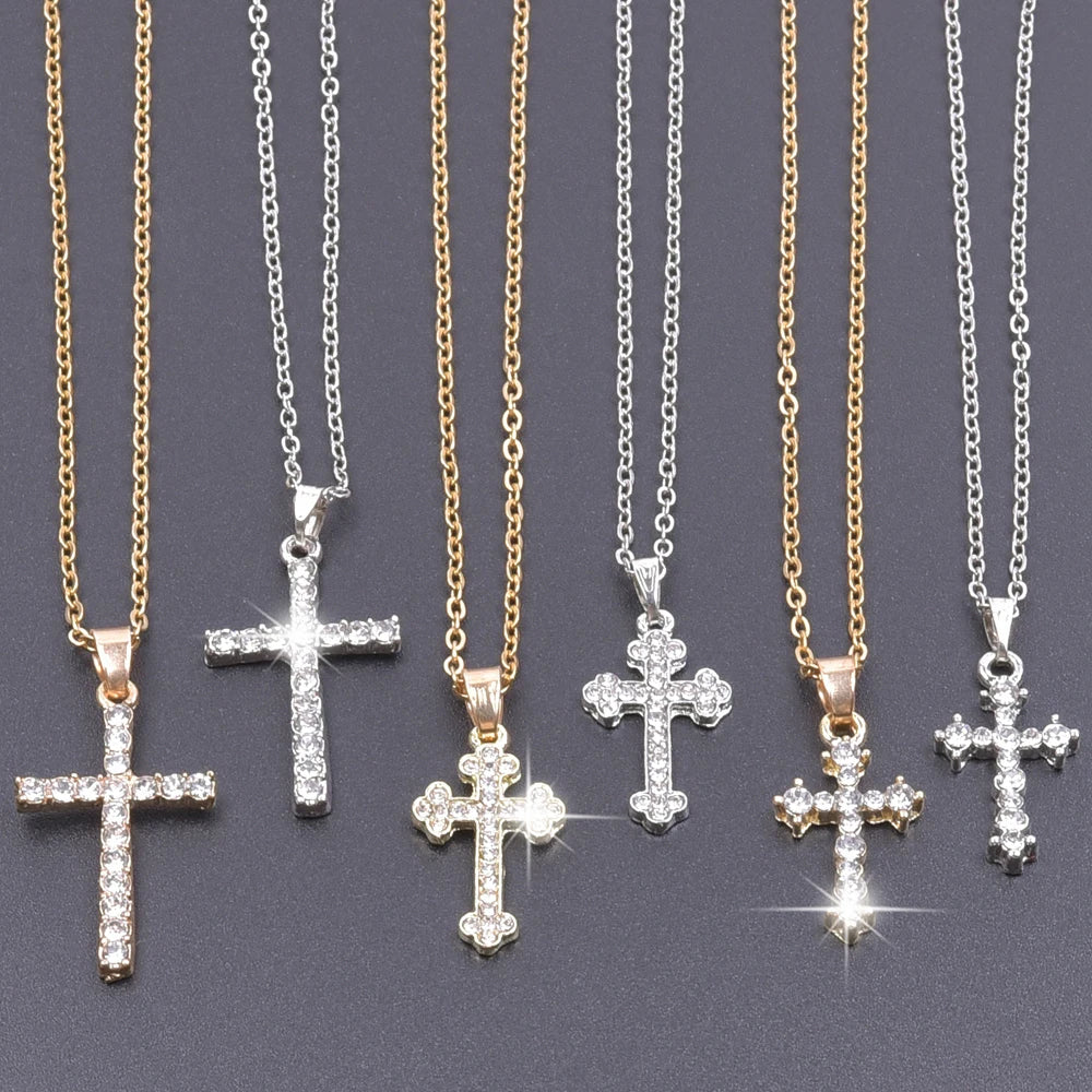 Cross Charm Crystal Pendant Necklace - Rhinestone Christ Crosses Choker