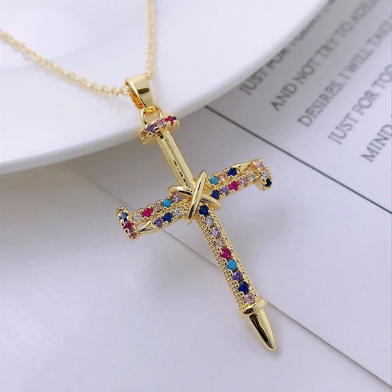 Premium Zircon Cross Pendant Necklace - Stainless Steel Jewelry for Men & Women