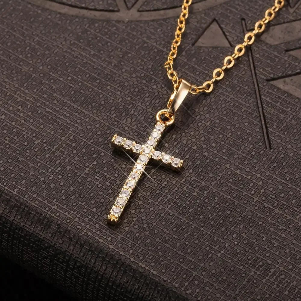 Luxury Zircon Cross Pendant Necklace - Golden Silver Jewelry for Men Women