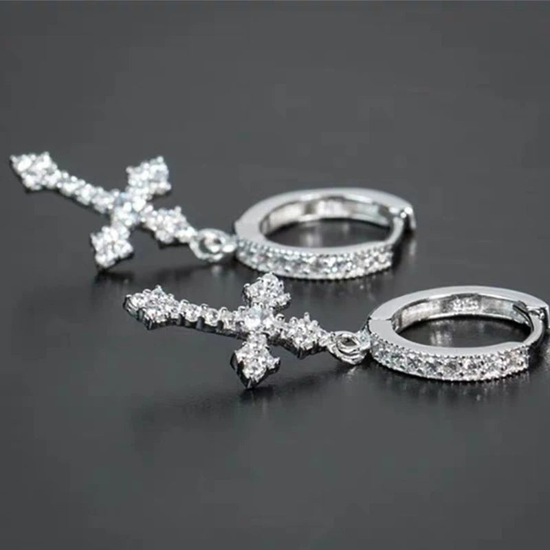 Classic Cross Point-Drill Crystal Earrings - White Hip Hop Party Jewelry