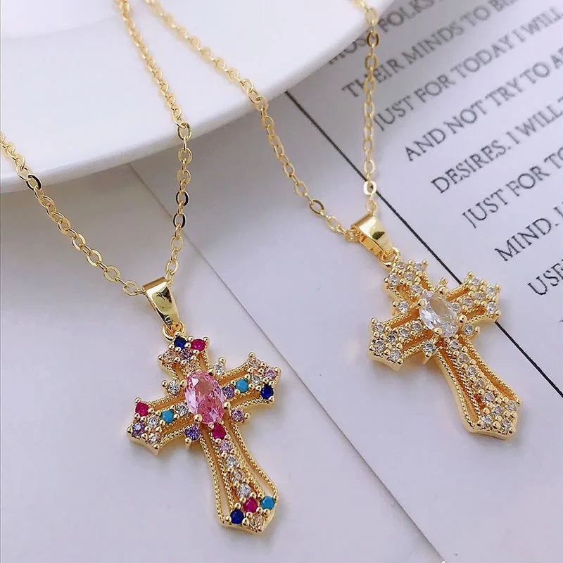 Premium Zircon Cross Pendant Necklace - Stainless Steel Jewelry for Men & Women